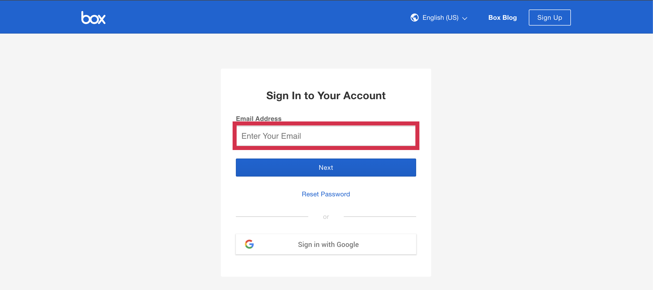 Box Login Screen - Email Address Selected